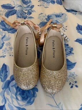 Felix & Flora Gold Glitter Ballet Flats with Ribbon Tie